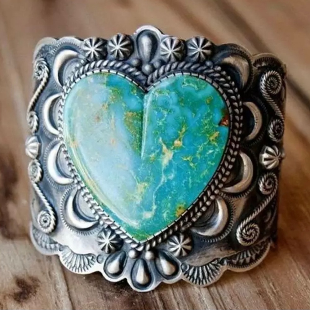 Cocktail Turquoise Heart Cuff Ring 7 Vintage Style